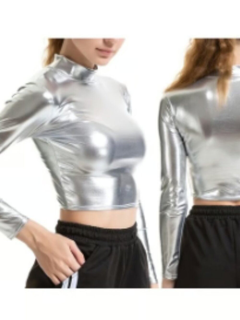 Metallic Silver Long Sleeve Turtleneck Crop Top